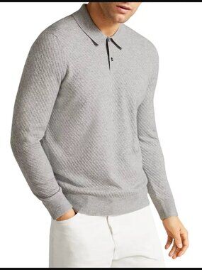 NWT Ted Baker Nixan Long Sleeve Knitted Sweater Textured Polo Grey Marl $160.00